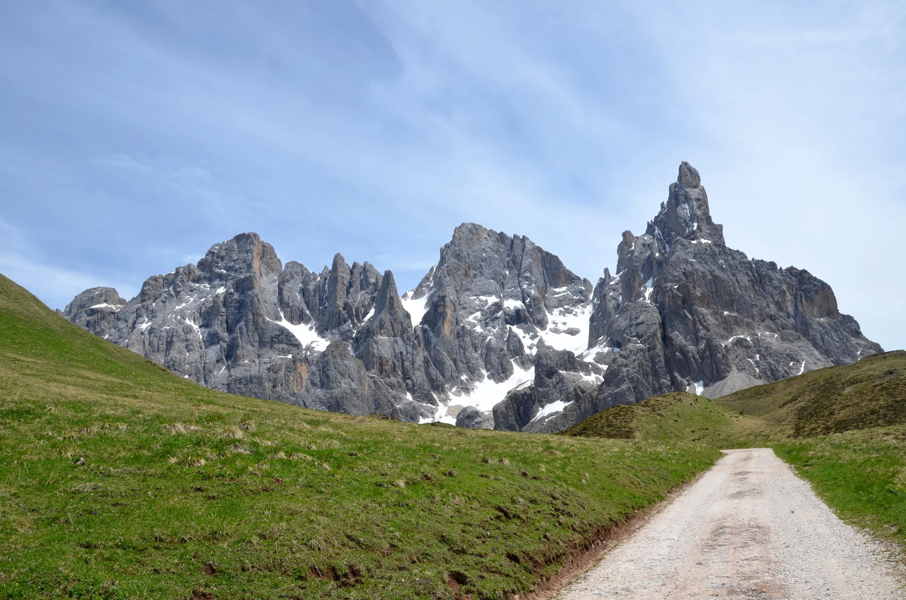 Pale di San Martino dal territorio di Passo Rolle in estate